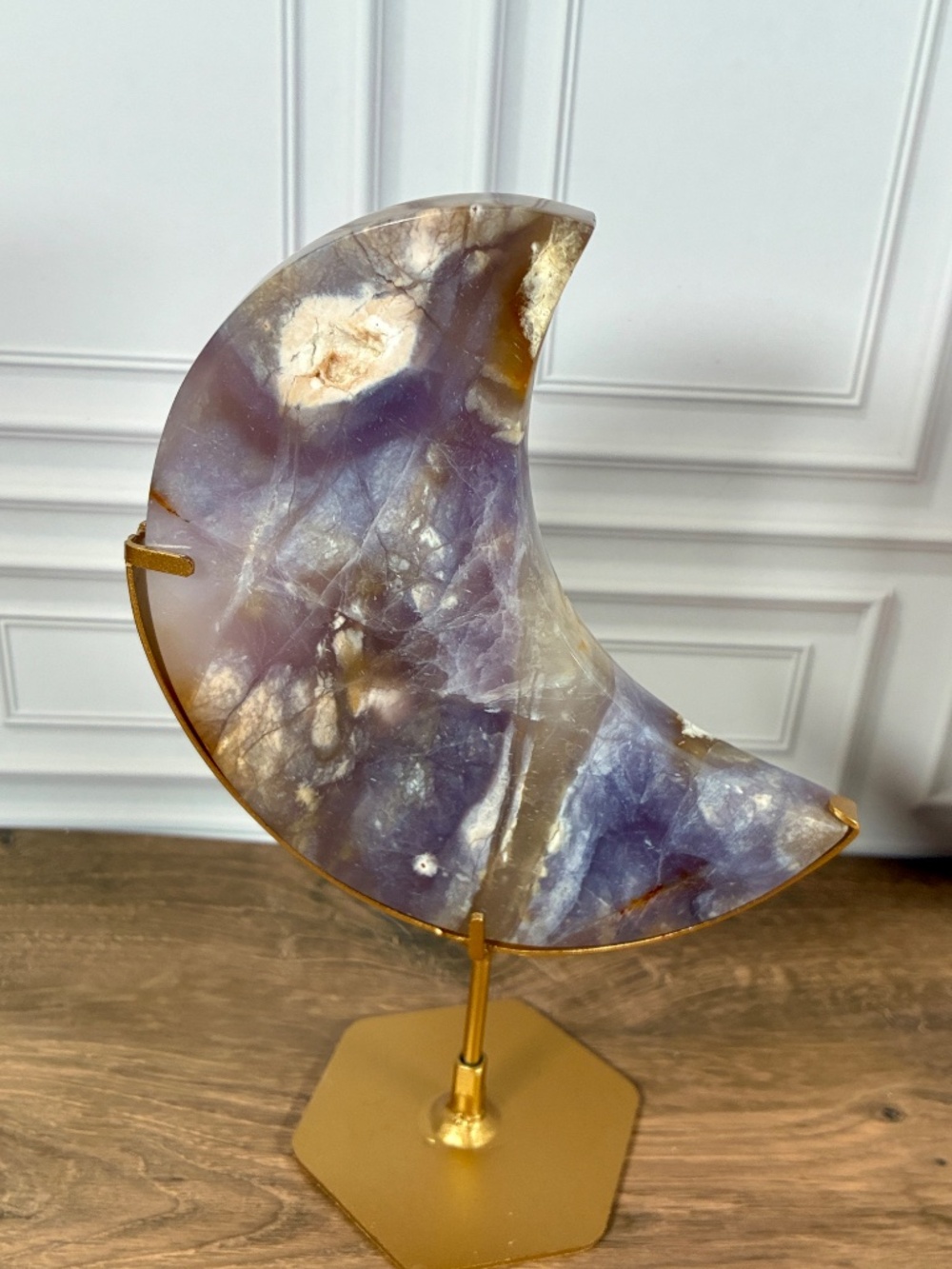 Lavender Purple Chalcedony Crescent Moon • Gold Stand Crystal Décor • Celestial - Picture 4 of 9